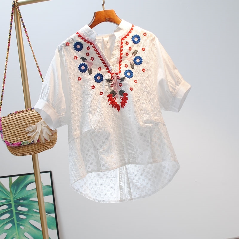 

VANOVICH Embroidery V-neck Cotton Short Sleeve Women Shirts Clothing Summer Wild Ladies Blouses and Tops 210615, White