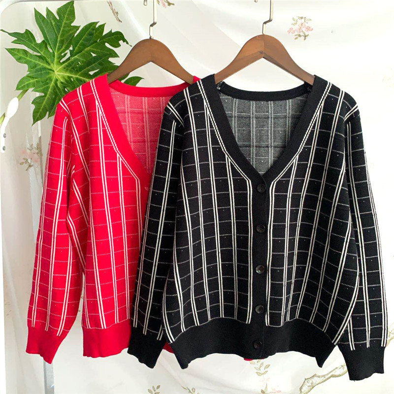 

Fashion Plaid Knitted Cardigans Sweater Women V-neck Casual Thick Single Breasted Coat 210520, Red