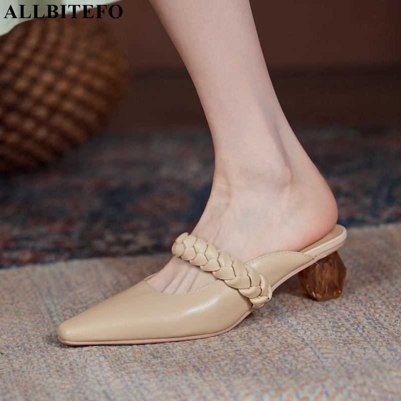 

ALLBITEFO Size 34-43 Special Heel Design Genuine Leather Women Slippers Summer Sexy Slingback Flip Flops Women Heels Shoes 210611, As picture