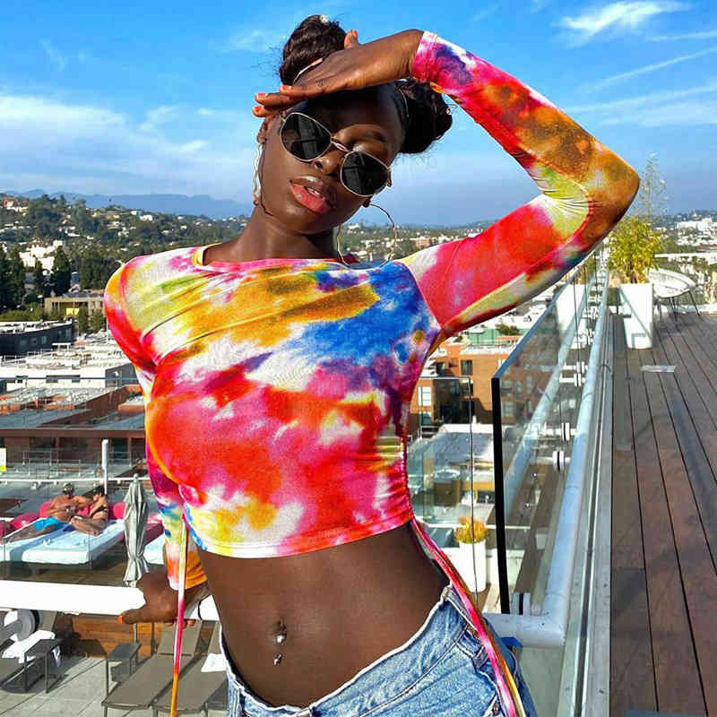 

Women' T-Shirt Dye Print Long Sleeve Cropped Tshirt Top Casual stretch summer and spring side collar Navel exposed, 1#