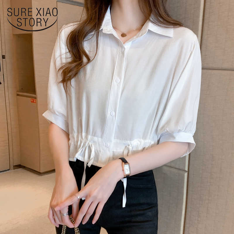 

Blusas Mujer Summer Korean Loose Short Sleeve White Top Female Simple Fashion Drawstring Polo Collar Women Blouses 10085 210527