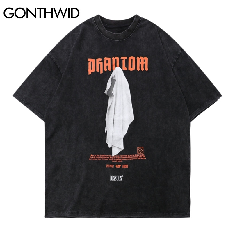 

Tshirts Hip Hop Distressed Middle Finger Ghost Streetwear Tees Shirts Harajuku Hipster Casual Cotton Short Sleeve Tops 210602, Black