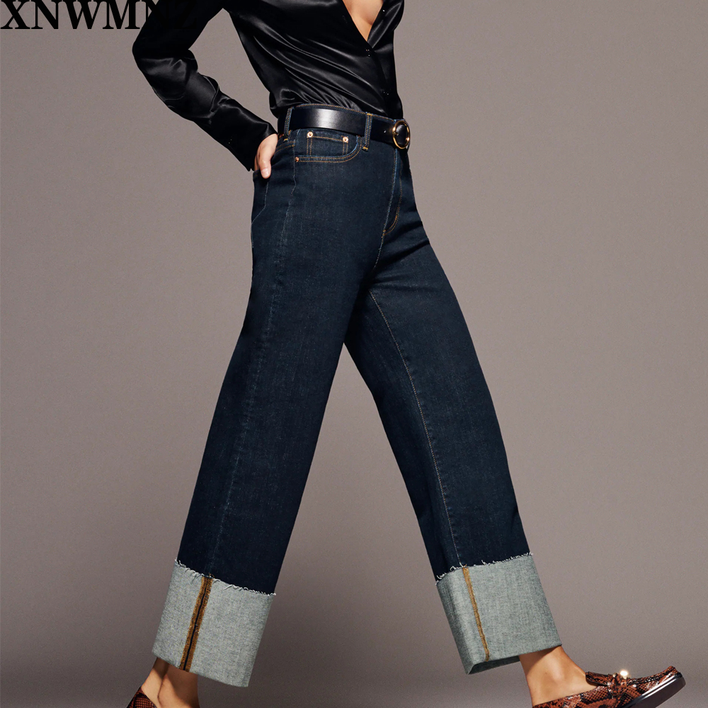 

XNWMNZ Za women Autumn winter Faded high waist jeans pocket wide-leg turn-up hems zip fly fashion casual Denim Pants, Blue