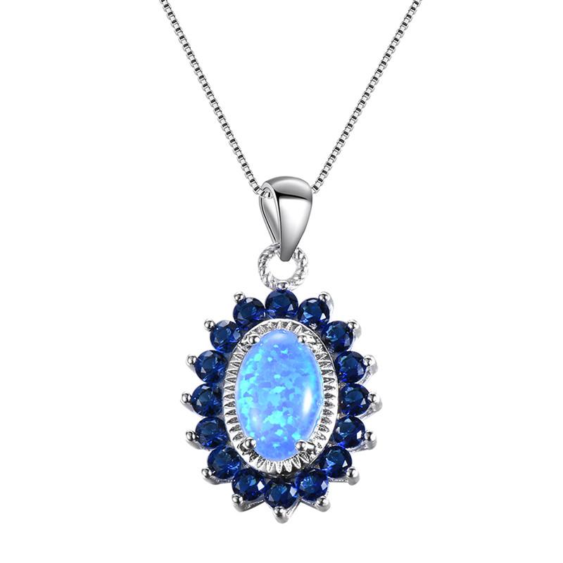 

Pendant Necklaces Aqua Blue Zircon Oval Opal Necklace Luxury Crystal Stone Vintage Silver Color Chain For Women Jewelry