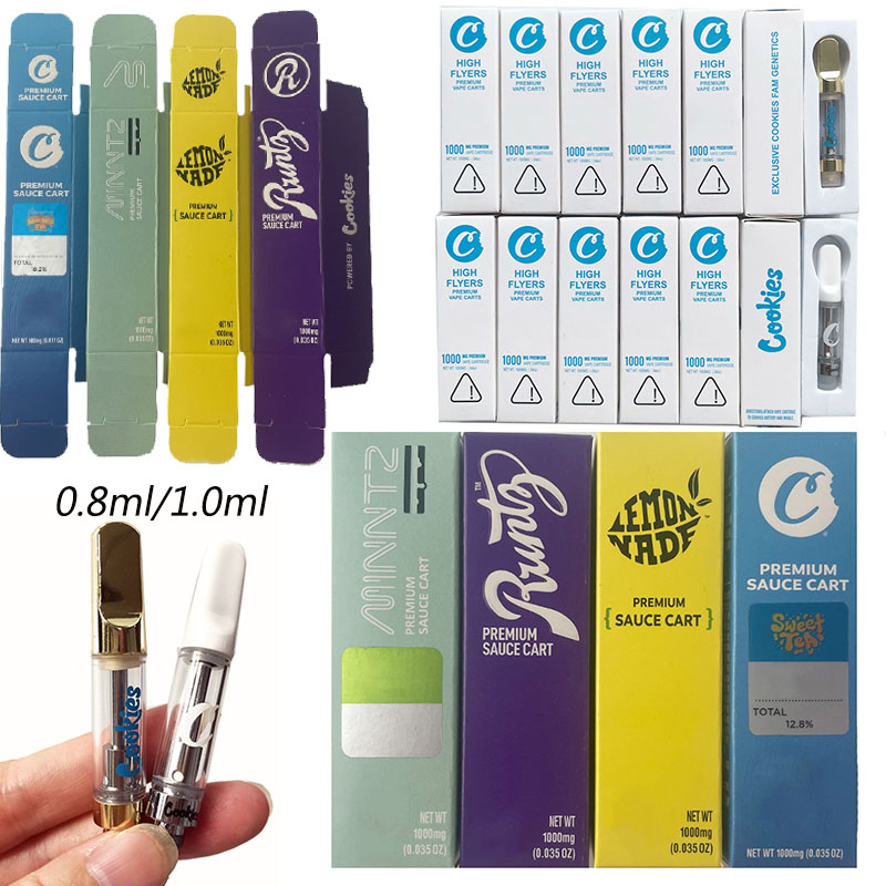 

Cookies Premium Sauce Atomizers High Flyers Vape Cartridges Packaging 0.8ml 1ml White Gold Ceramic Thick Oil Carts E Cigarettes Wax Vaporize