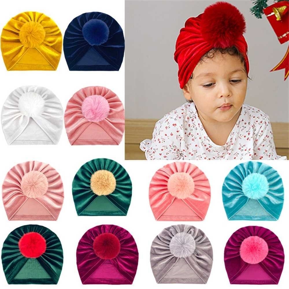 

Winter Velvet Turban Hat Kids Newborn Baby Pom Pom Beanie Caps Stretchy Indian Cap Muslim Hijab Head Hair Wrap Chemo Headwear Christmas Gift G1181QWZ, Wine red