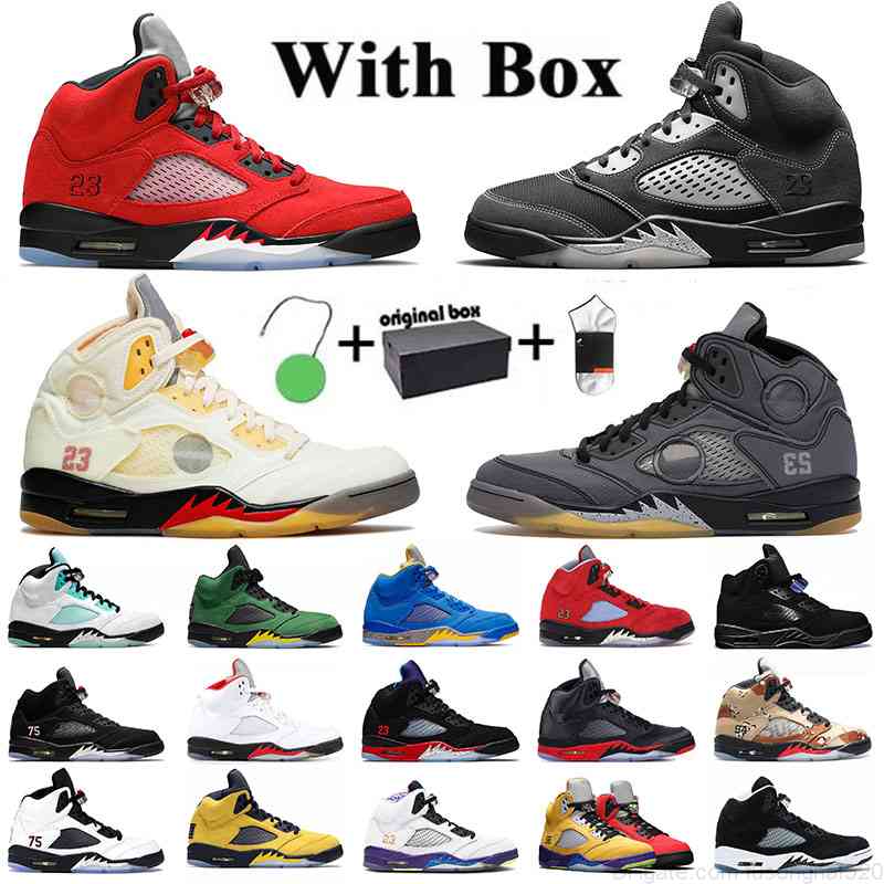 

With Box Jumpman 5 5s Retro Basketball Shoes Men's Sports Sneakers Fire Red White Off Sail Anthracite Raging Bull What The Black Muslin