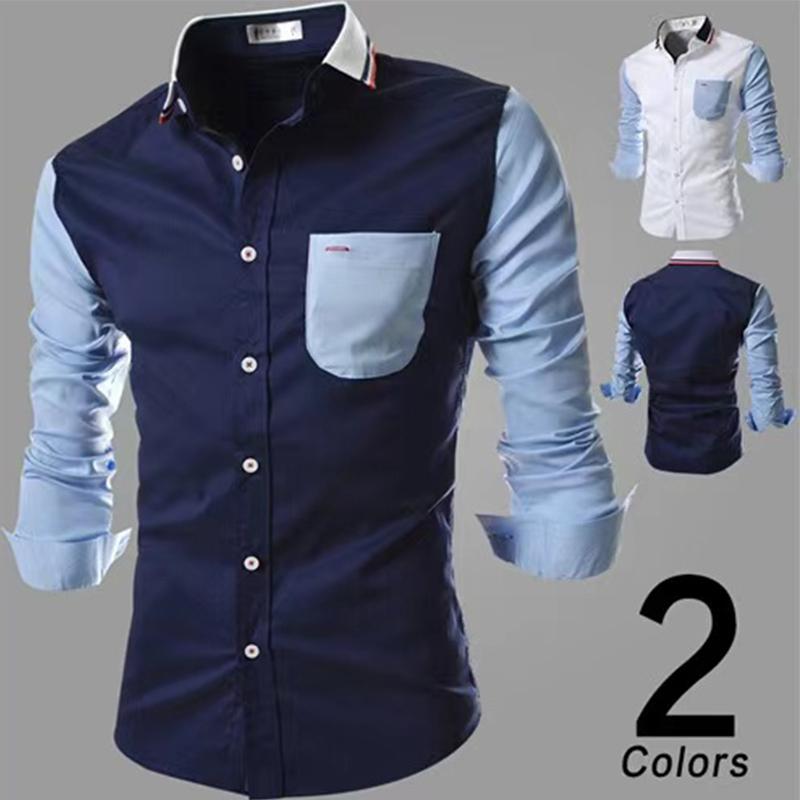 

Men's Casual Shirts Global Slim Fashion Long-Sleeved Shirt Knit Collar Color Matching Design Classic Blue And White Inlaid
