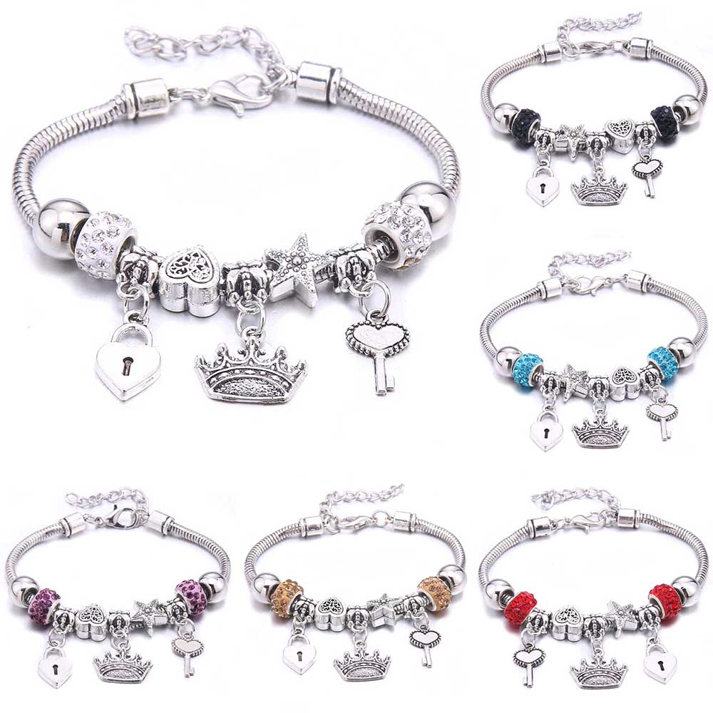 

Antique Crown key lock Shape 6-colors crystal Charm Bracelets for Women Glass Beads Brand Bracelet & Bangle DIY Jewelry Gifts