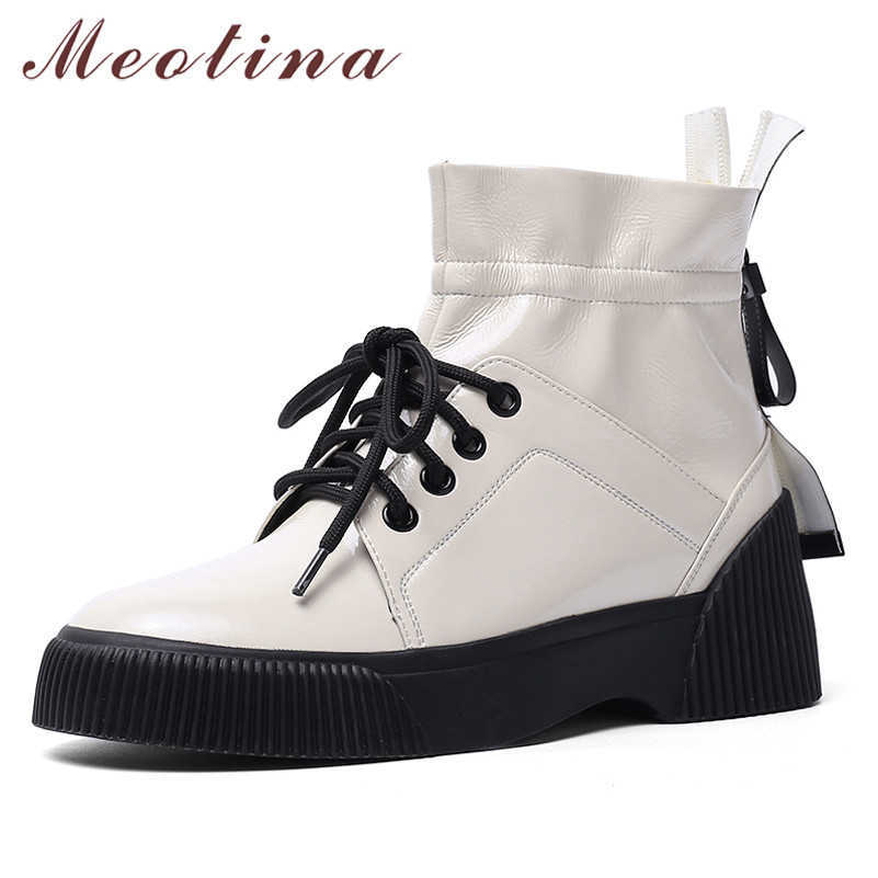 

Meotina Ankle Boots Women Shoes Pleated Real Leather Flat Platform Short Boots Zip Lace Up Height Increasing Boots Lady Beige 42 210608
