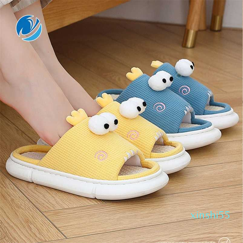 

Mo Dou All Season Slippers Cute Indoor Shoes Women Men Bedroom Flip Flops EVA Home Outdoor Hemp Cotton Animal Cartoon Designer, Grey(dragon)
