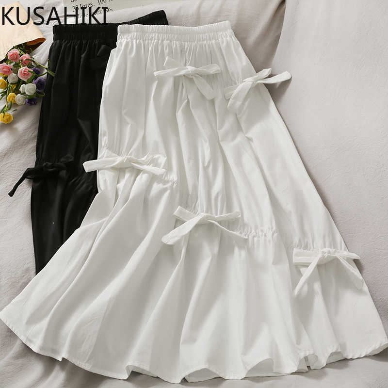 

Korean Bowknot Pleated A-line Women Skirt Causal High Waist Sweet Skirts Spring Summer Mujer Faldas 6G161 210603, Black