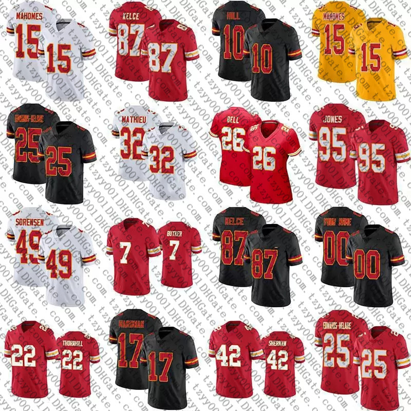 

15 Patrick Mahomes 10 Tyreek Hill 87 Travis Kelce Custom Football Jersey 52 Creed Humphrey 13 Byron Pringle 95 Chris Jones Daniel Sorensen Tyrann Mathieu 50 Willie Gay, Youth