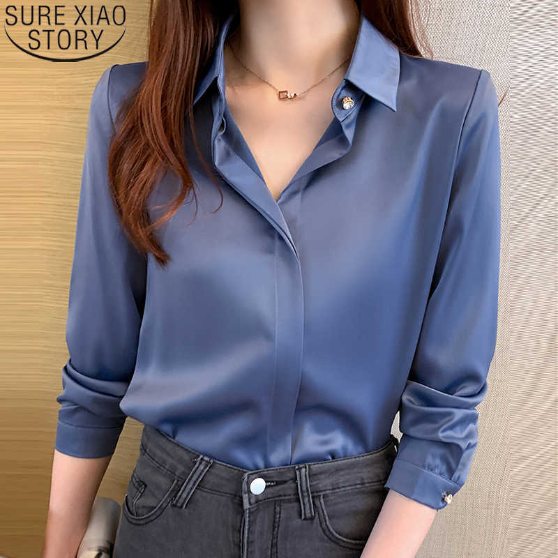 

Autumn Elegant Chiffon Shirts Women Blouses Office Lady Long Sleeve Blue Tops Turn-down Collar Solid Female Korean Clothes 12128 210527, Silver gray