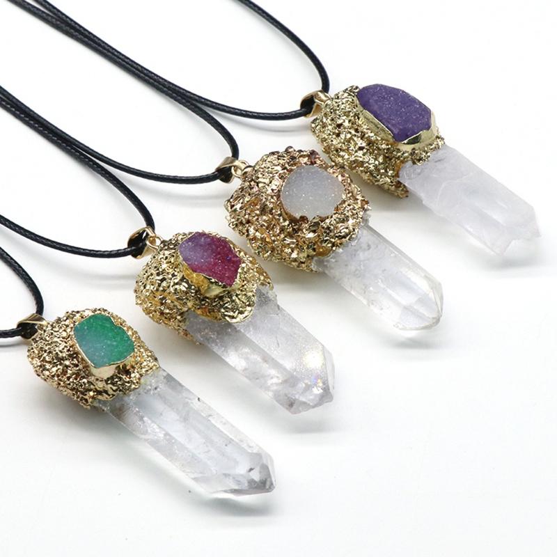 

Pendant Necklaces Natural Clear Quartz Gilt Necklace Rough Stone Pillar Exquisite For Women Jewerly Gift 33-66mmx15-26mm
