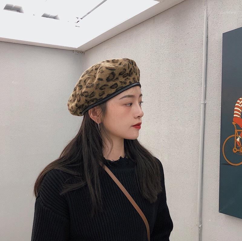 

Versatile Fashionable Leopard Beret Hat With Leather Edge Berets, Light gray
