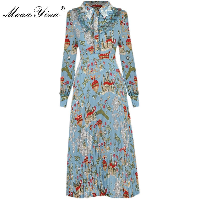 

Spring Women' Dress Beaded Embroidery Turn-down Collar Long sleeve Mesh Ruffles Vintage Floral-Print Pleated Dresses 210524, Multi