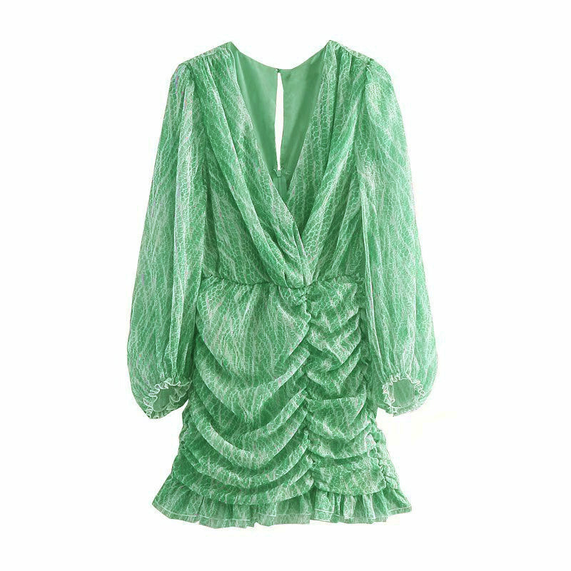 

Women Chic Fashion Animal Print Asymmetric Draped Mini Dress Vintage Long Sleeve Ruffled Female Dresses Mujer, Green