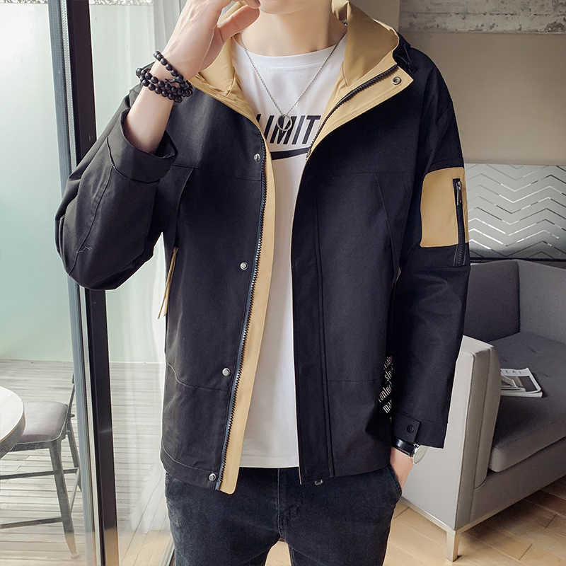 

Spring Aautumn Casual Jacket Men Splicing Hooded Jackets Korean Slim Street Wear Overcoat Male Clothing Tops Plus Size M-4XL 210527, Black