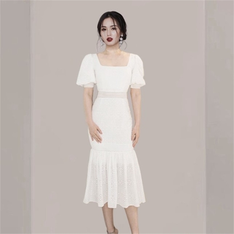 

Women Mesh Puff Sleeve Sexy Bodycon Dress Fashion Square Neck Ruffles Ruched Dresses Club Party White 210603, Picture color