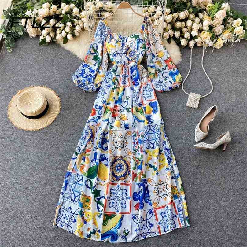 

Women Vintage Dress Spring Summer Puff Long Sleeve Floral Printed Robe Elegant Ladies Evening Party Dresses Vestidos Mujer 210525, Blue