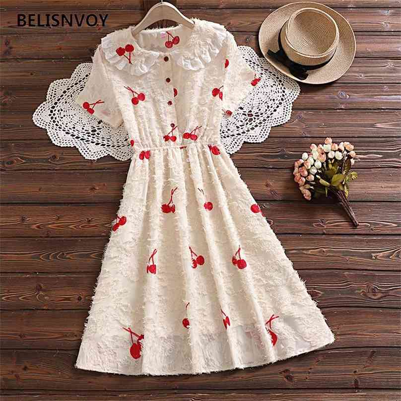 

Japanese Girls Summer Preppy Style Dress Lace Peter Pan Collar Fairy Princess Vestidos Cherry Embroidery Party Mini Dresses 210520, Multi