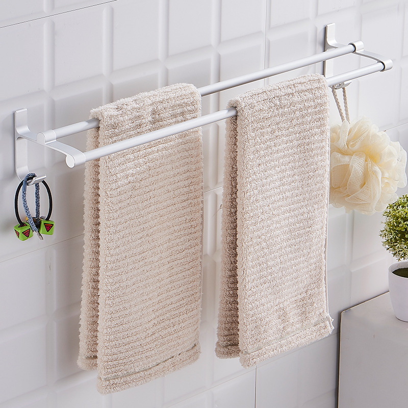 Wall Mounted Space Aluminum Double Bar Towel Rack Holder Hook Hanging Bar Shelf For Bathroom Storage Towel Finishing Organizer-image-689834006