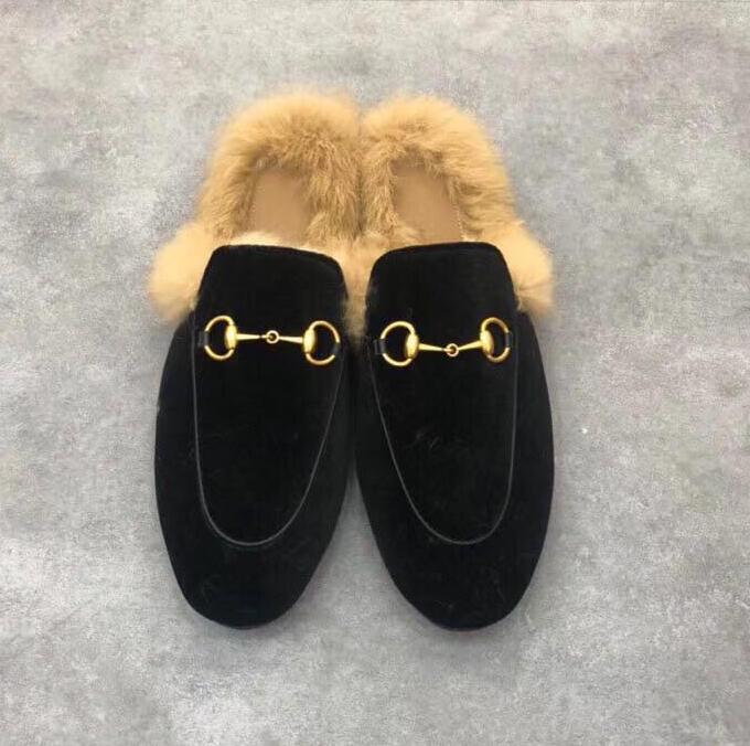 

Designer Genuine leather loafers Fur Muller slipper with buckle Fashion women Princetown Ladies Casual Fur Mules Flats New EUR35-46 with Box