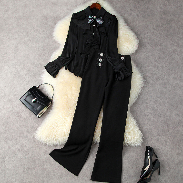 

European and American women's wear new autumn 2022 Long-sleeved bow flounces shirt The horn trousers Fashion suits, White