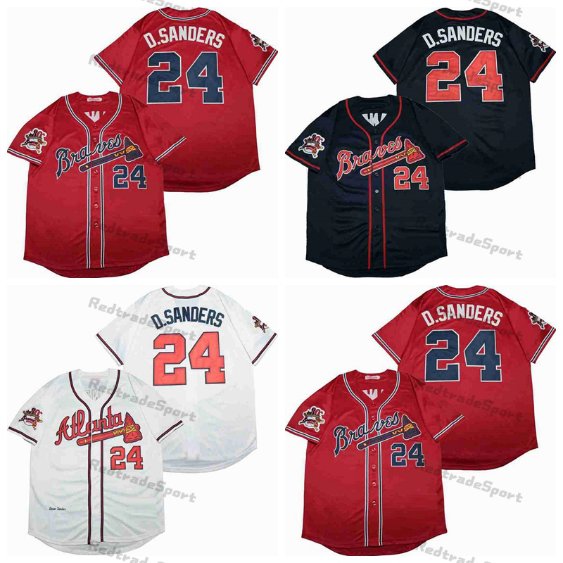

Vintage 1993 Baseball Jerseys Deion Sanders 24 Blue Shirts Stitched White Grey Red Mens Jersey 30th Patch, Blue;black
