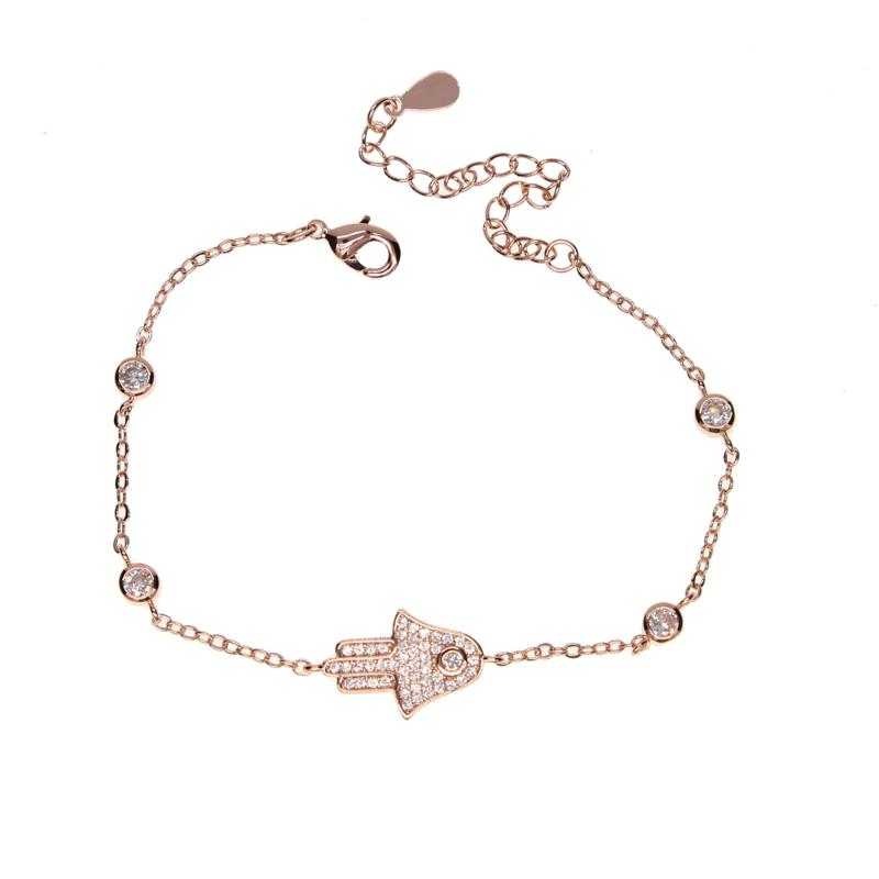 

Charm Bracelets 2022 Fashion Fine Jewelry Clear Cubic Zirconia Cz Hamsa Hand Connector Rose Gold Color Station Fatima Bracelet, Golden;silver