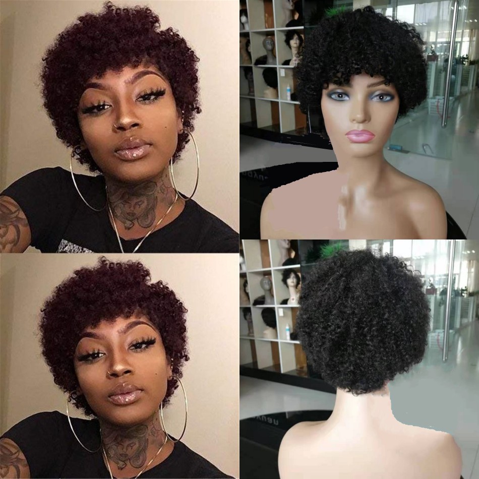

Afro Kinky Curly Machine Made Wigs Remy Brazilian Human Hair For Black Women Short Wig Natural Color 150%