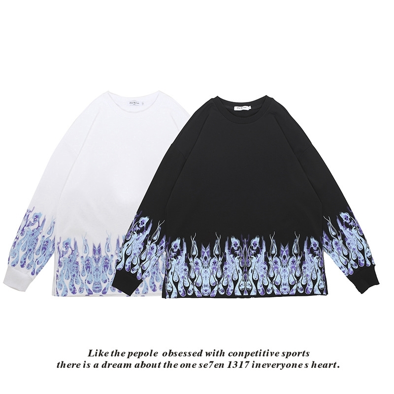 

Lovers autumn winter street blue purple flame hip hop fashion br lovers loose ins round neck t-shirt men and women, White