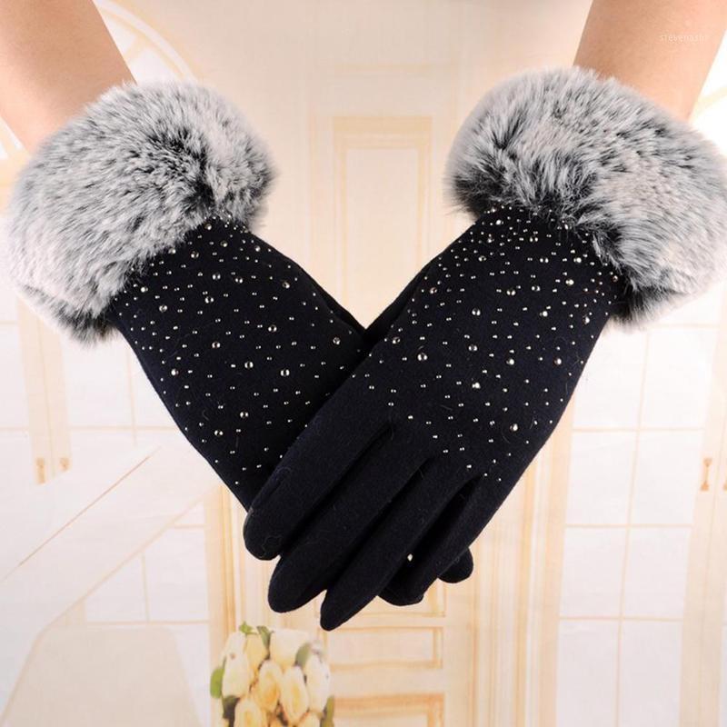 

Five Fingers Gloves 1pair Women Cotton Fuzzy Gypsophila Non-fleece Fur Mittens With Diamond For Kepp Warm