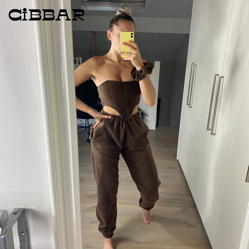 

Women' Two Piece Pants CIBBAR Sexy Casual Brown Sets Women Strapless Corset Top And Elastic Long Matching Outfits Slim Solid Streetwear