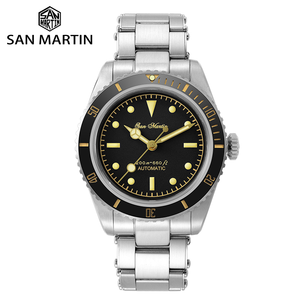 

San Martin Diver Watch 6200 Retro Water Ghost Luxury Sapphire NH35 Men Automatic Mechanical Watches 20Bar Waterproof Luminous, Black v1 nh35