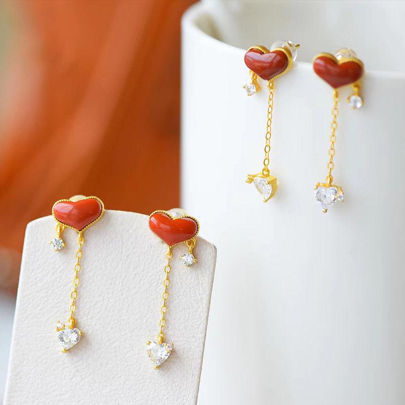 

Dangle & Chandelier Silver Inlaid With Natural South Red Love Agate Long Earrings Romantic Fresh Unique Craft Gold Women Jewelr