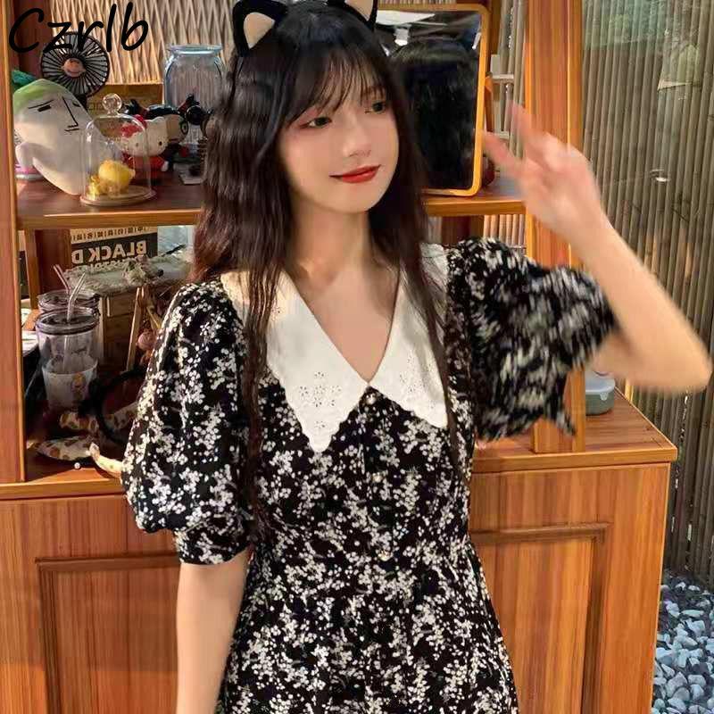 

Casual Dresses Short Sleeve Women Lovely Sweet Ladies Korean Style Vintage High Waist Dating Vestidos Summer Gentle Girls Retro, Black