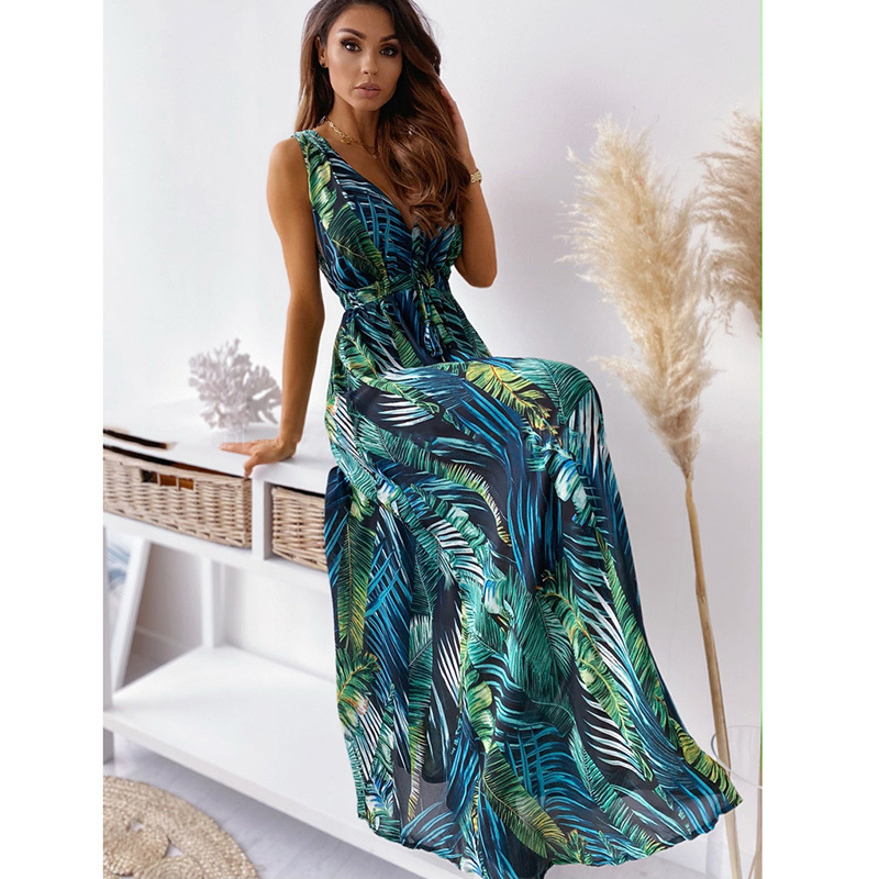 

Lucyever Vintage Print V Neck Long Dress Women Sexy Backless Slim Elastic Waist Sundress Woman Elegant Sleeveless Party Dresses 210521, White