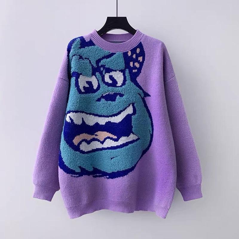 

Women's Sweaters Japanese Vintage Cartoon Knitted Women Harajuku O Neck Long Sleeve Oversize Pullovers Streetwear Preppy Style Jumpers, Purple