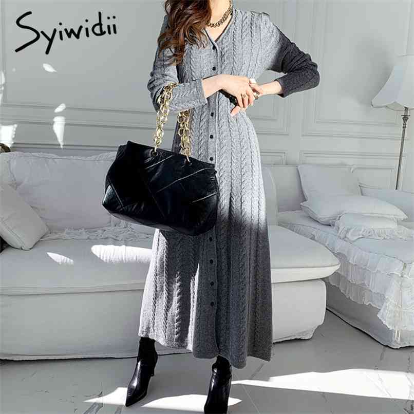 

Knitting Midi Dresses Women Sashes Casual Straight Solid V-Neck Clothes French Fashion Spring Autumn Winter Gray 210607