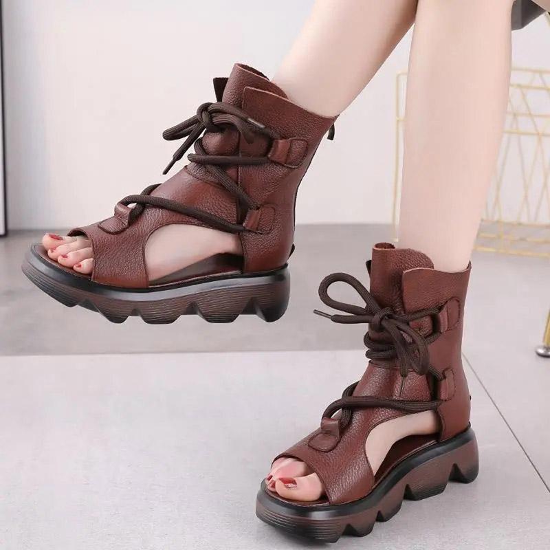 

Sandals Muma Cowhide Slope With Roman Shoes Summer Boots Strap Leather 2021 European And American Trendy High-top Retro Women's Sand