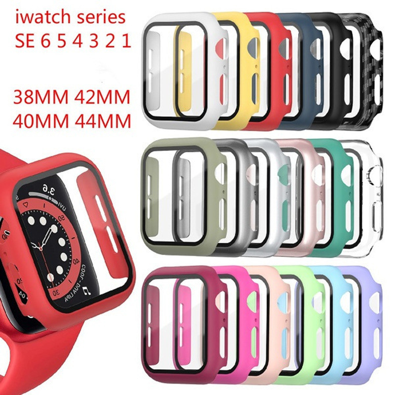 

360 Full Cover PC Cases Tempered Glass Anti-Scratch Film Screen Protector For Apple Watch Series SE 6 5 4 44mm 40mm iWatch 3 2 1 42mm 38mm With Retail Package, 25 colors