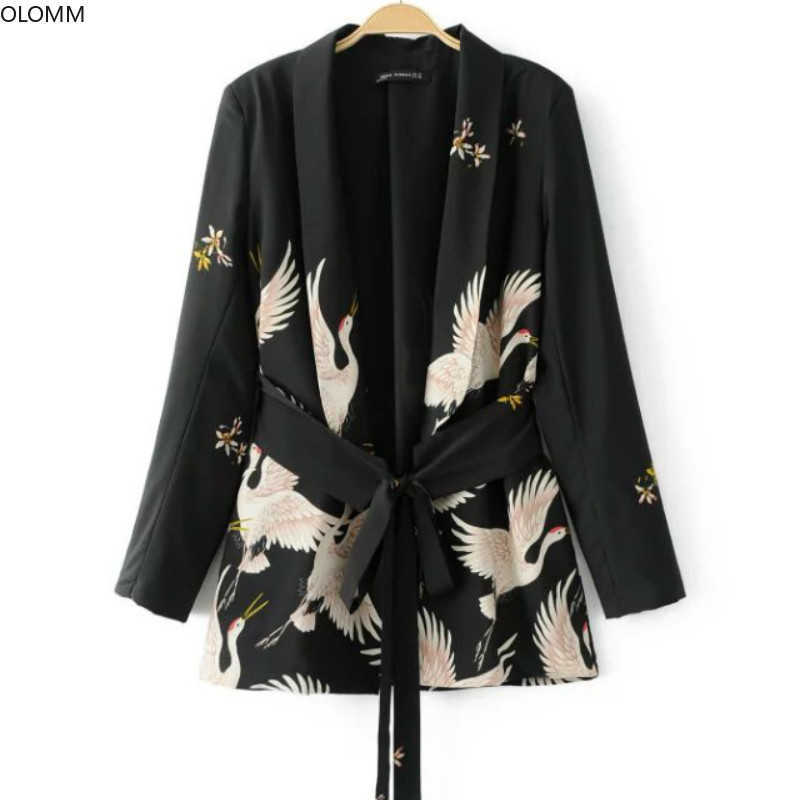 

Women's jacket fashion crane print bouquet with kimono suit blazer women summer women's clothing 210527