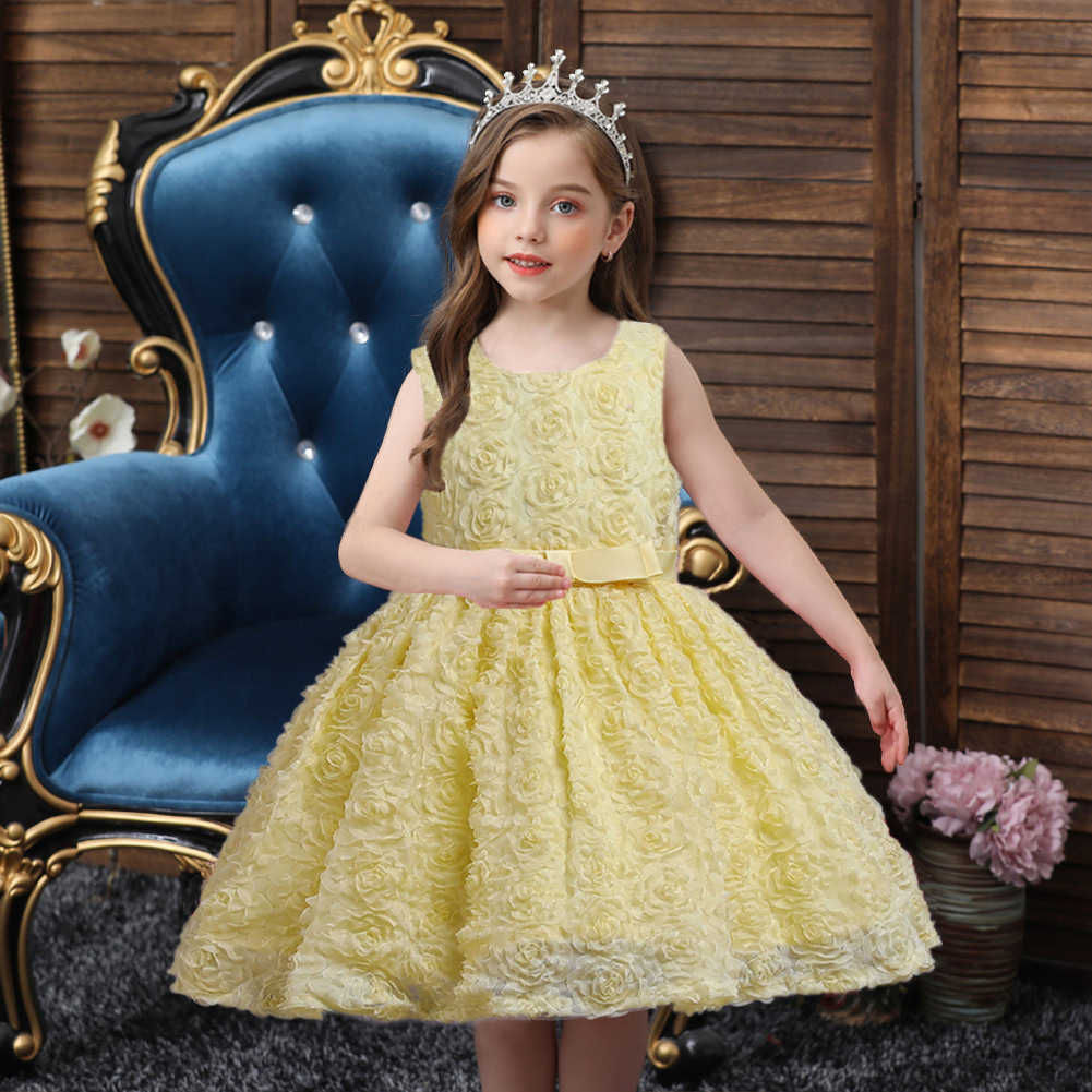 

2022 Autumn Winter Girls Dress New Year's Day Performance Short Three-dimensional Flower Fluffy Dresses, Yellow