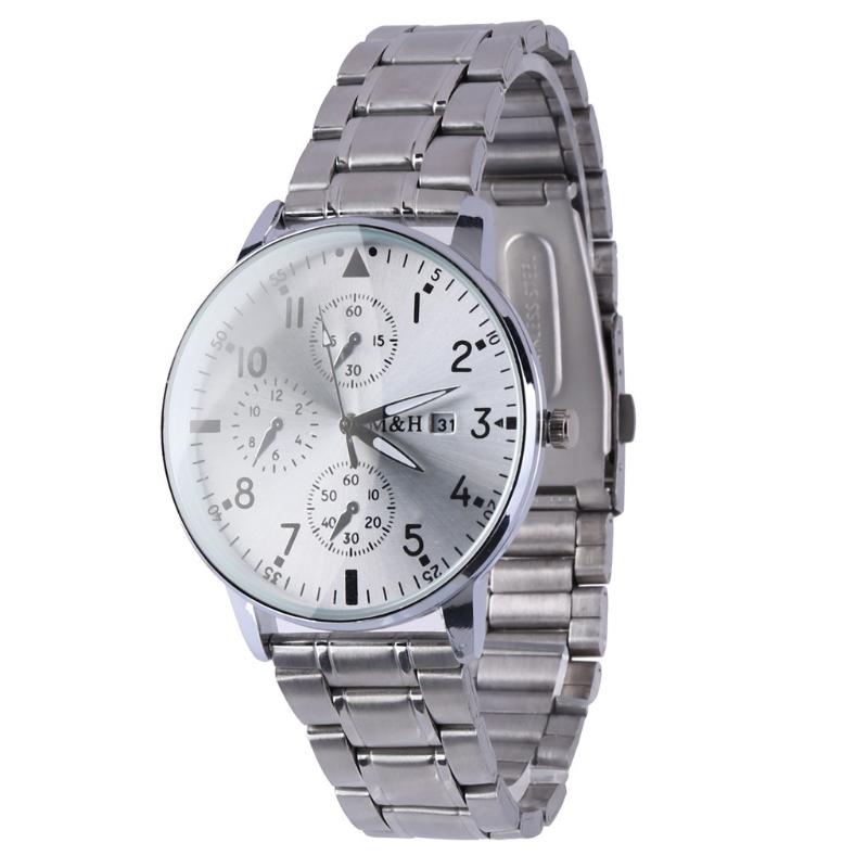 

Wristwatches Simple Men's Calendar Watch Business Three Eyes Dial Stainless Steel Belt Quartz, Silver