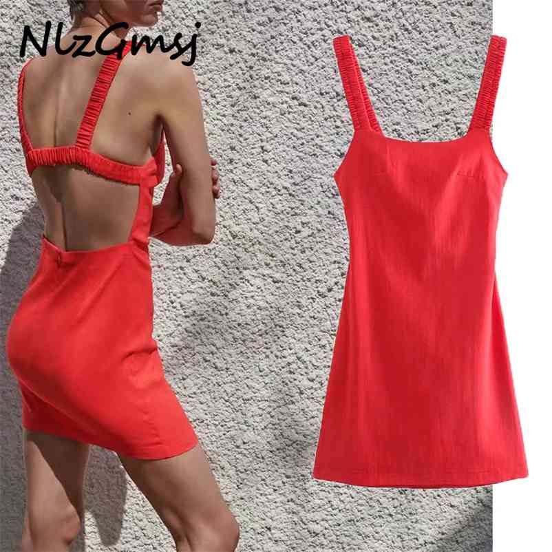 

Summer Ruched Dres Sleeveless Elastic Straps Backless Party Woman Sexy Strappy Mini 05 210628, As picture