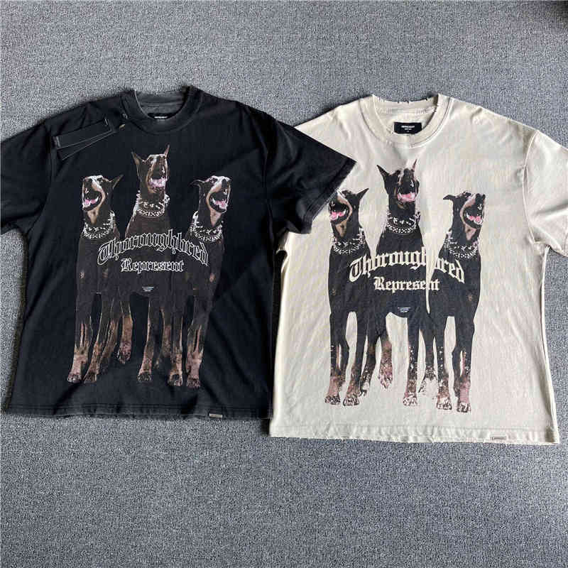 

Present Black Doberman High Street Short Sleeve T-shirt Fashion Couple Loose Wash Used, Old black
