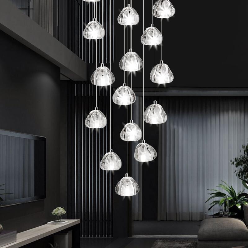 

Pendant Lamps Modern Round Transparent Shape Crystal Glass Ball LED Lights Duplex Apartment Bar Villa Spiral Staircase Long Chandelier