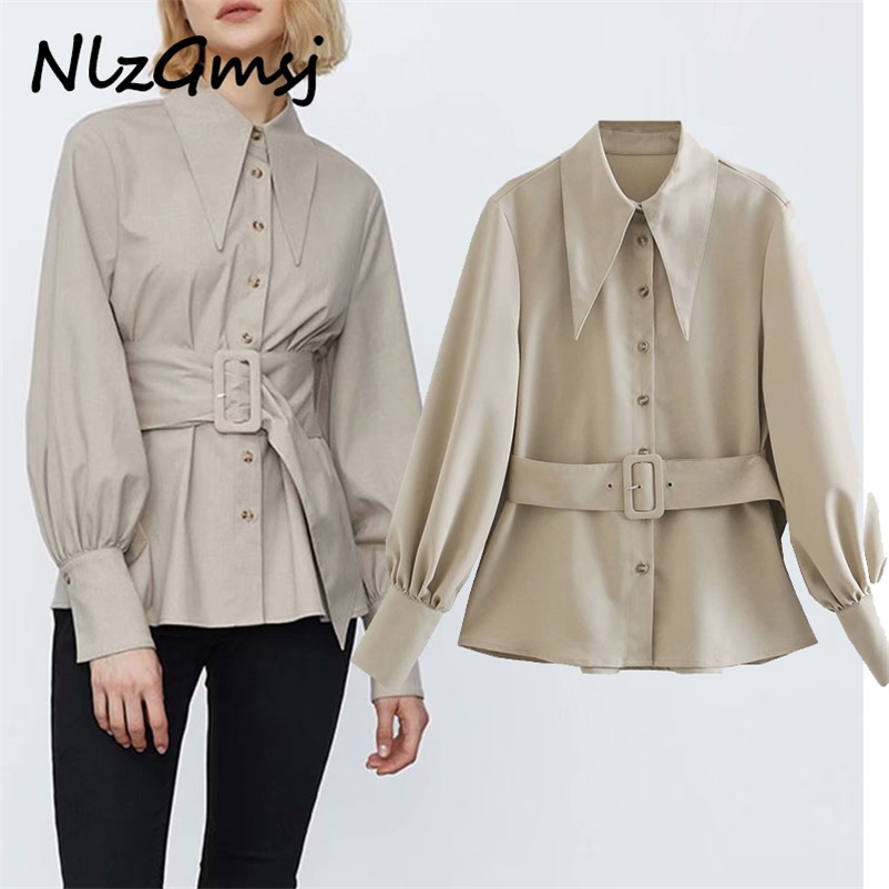 

Jacket Women Spring Autumn Tops Lantern Sleeve Turn Down Collar Office Lady Fashion Blet Loose Outerwear 210628, As picture